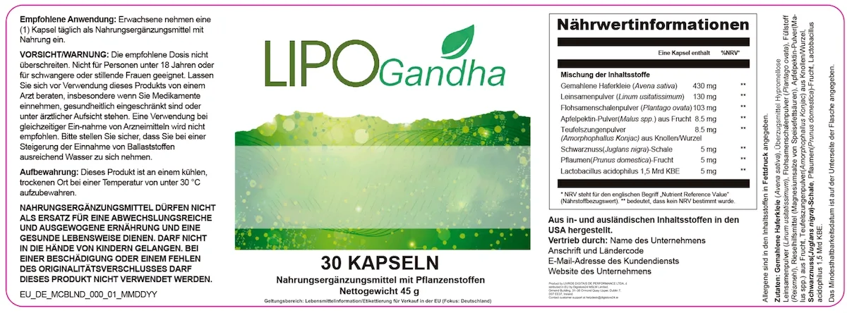 LipoGandha Etikett mit Nährwertinformationen: Haferkleie, Leinsamen, Flohsamenschalen, Apfelpektin, Konjak und Lactobacillus acidophilus
